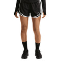 A person is wearing Nike Women’s Tempo Dri-FIT Mid Rise Running Shorts in Black/Black/White, which feature mesh ventilation for enhanced breathability, along with a black long sleeve shirt, black socks, and black sneakers. The person’s hands are at their sides and their full face is not visible.