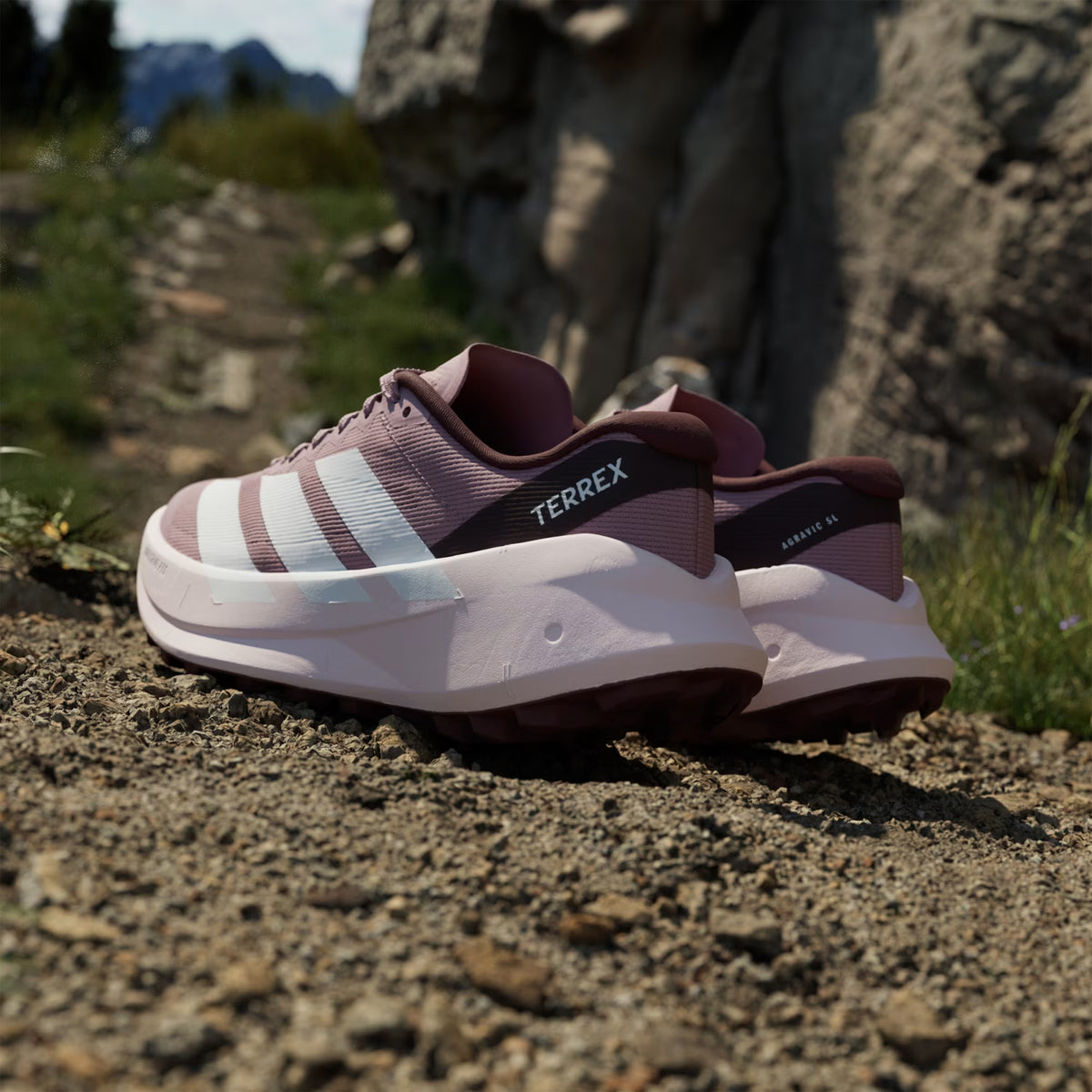 Women's adidas Terrex Agravic SL Trail Running Shoes Magic Mauve Cloud White Maroon heel view showing LIGHTSTRIKE PRO midsole with dynamic rocker and internal trail reinforcements for stability