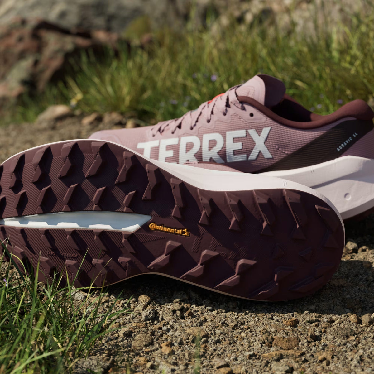Women's adidas Terrex Agravic SL Trail Running Shoes Magic Mauve Cloud White Maroon sole view displaying Continental rubber outsole for reliable wet and dry traction on technical terrain