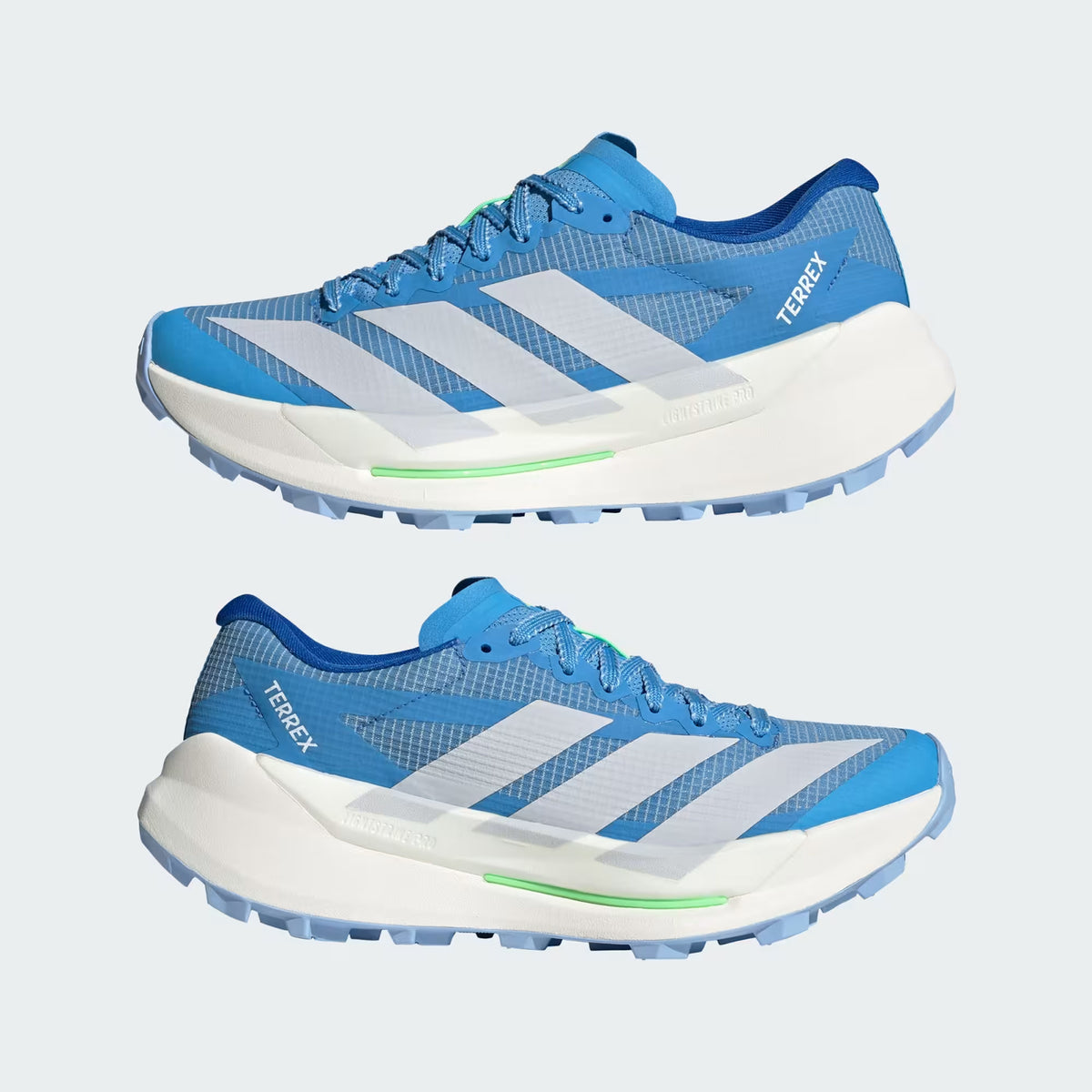 Women's adidas Terrex Agravic TT Trail Running Shoes Blue Burst Dash Grey Lime Burst pair showing LIGHTSTRIKE PRO super-light cushioning with trail-gripping outsole and ultra-tough reinforced upper for technical trail racing