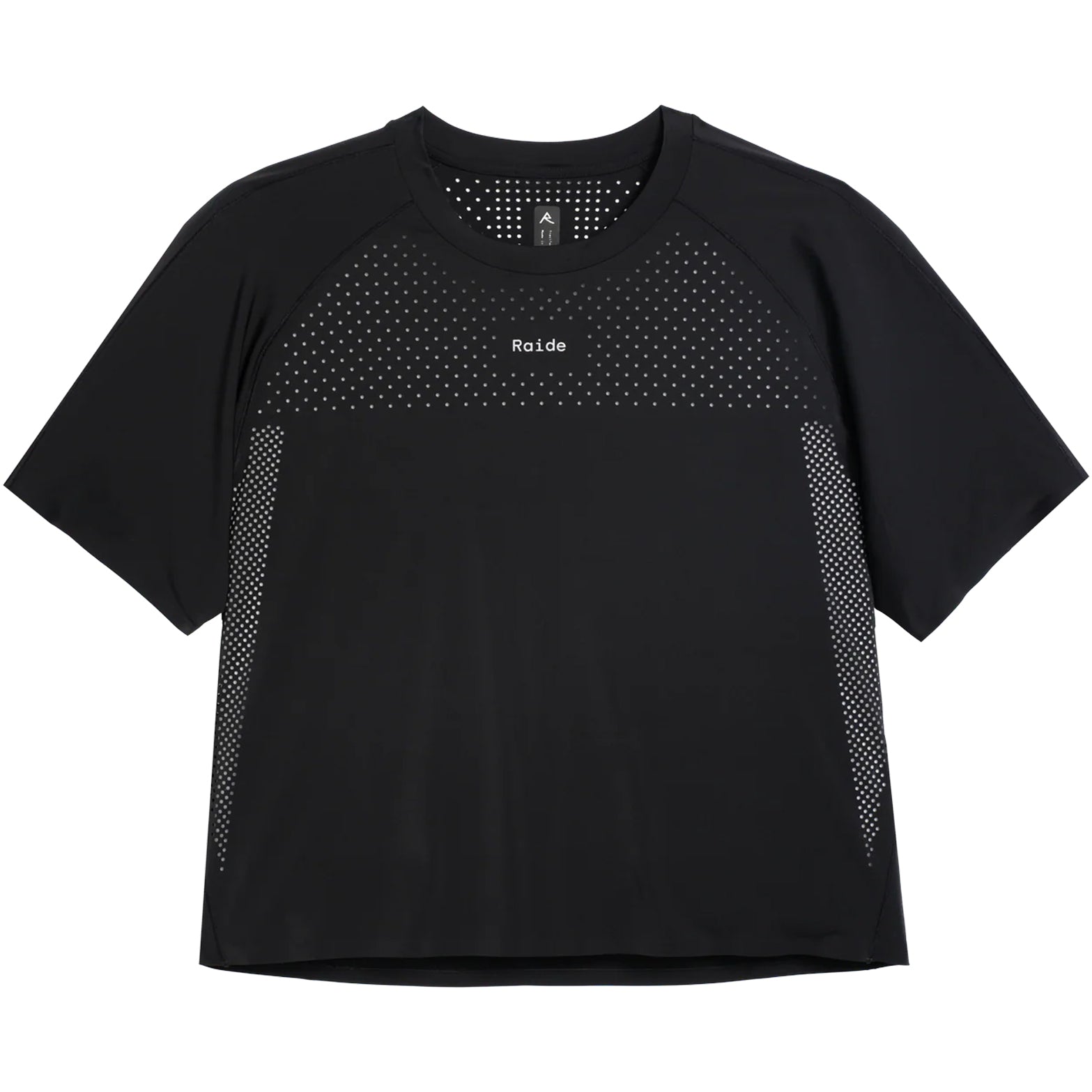 Women's Raide Thermal Dispersion Tee Black front product view showing body-mapped laser-cut perforations with reflective branding and Italian-knit microfibre construction