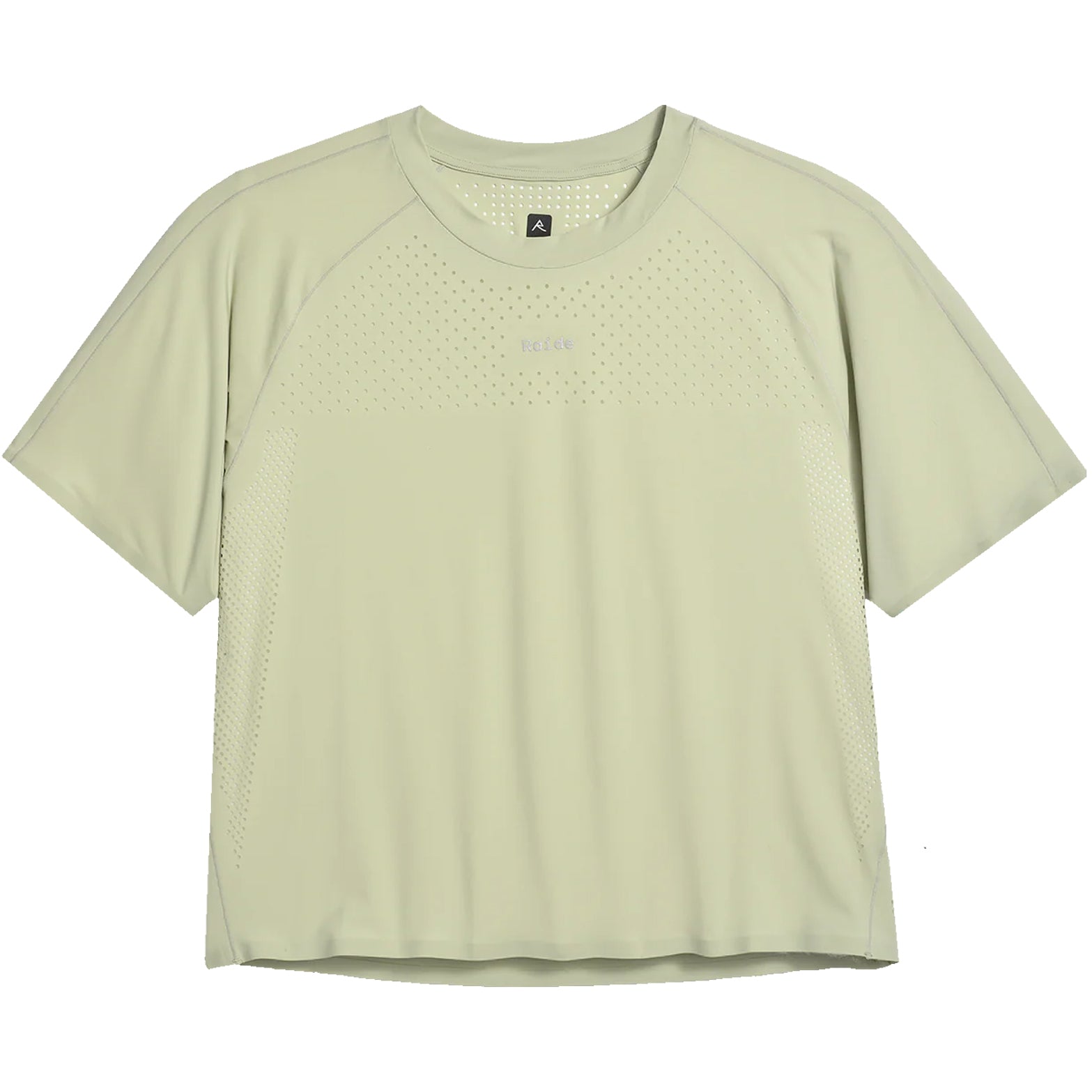 Women's Raide Thermal Dispersion Tee Lichen front product view showing body-mapped laser-cut perforations with reflective branding and Italian-knit microfibre construction
