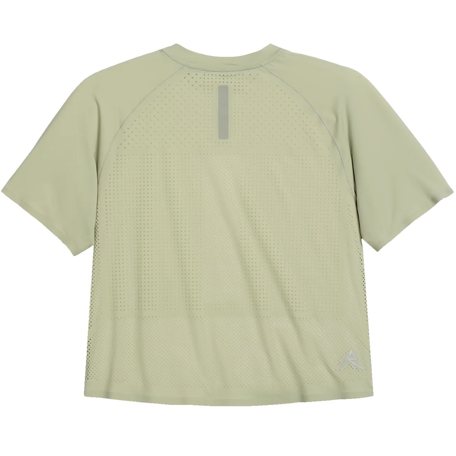 Women's Raide Thermal Dispersion Tee Lichen back product view showing densely perforated centre back zone with body-mapped laser-cut ventilation for maximum evaporative cooling during running