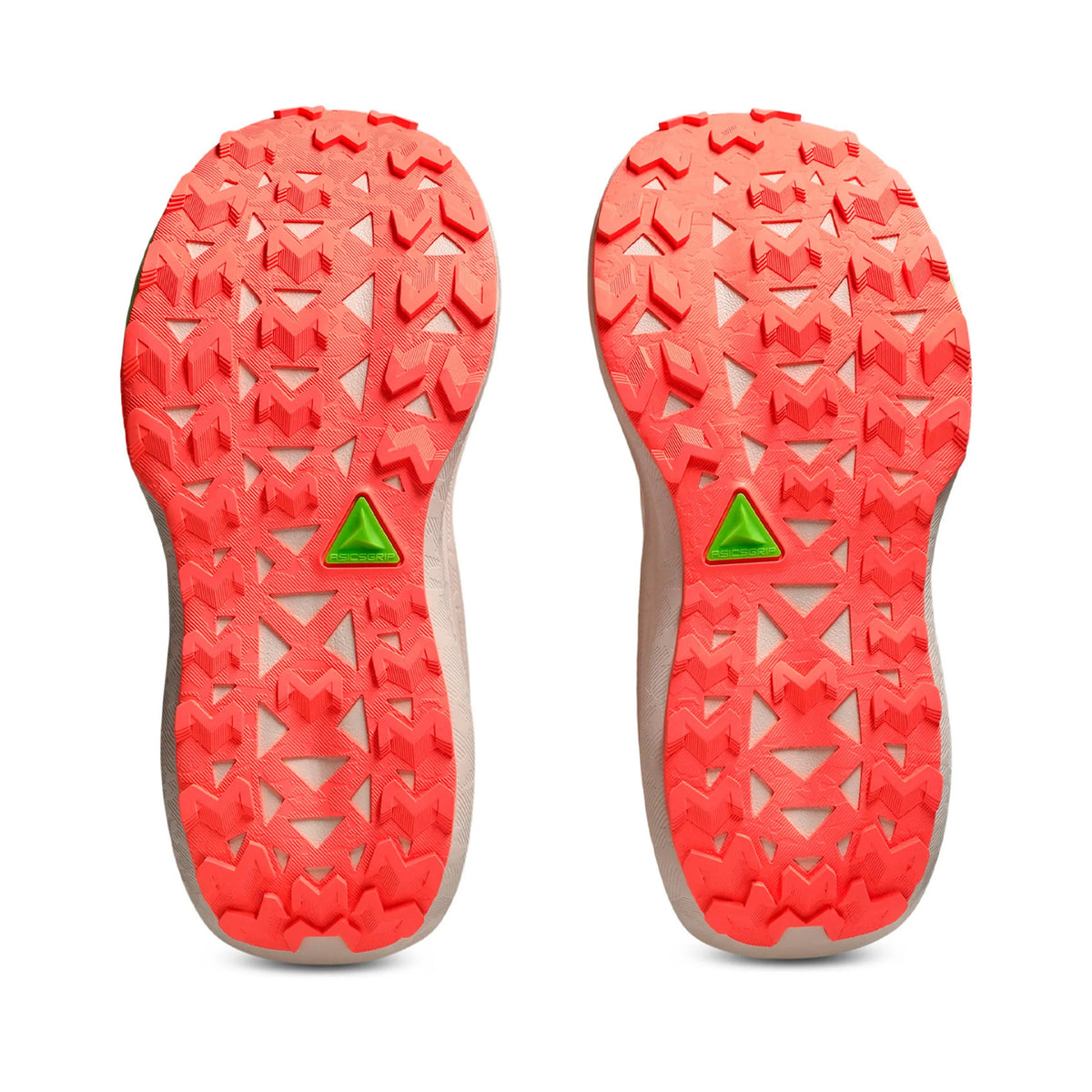 Women's ASICS Trabuco Max 5 Trail Running Shoes Rose Dust Sun Coral sole view displaying ASICSGRIP outsole rubber with aggressive traction pattern for reliable grip on multiple trail terrain types