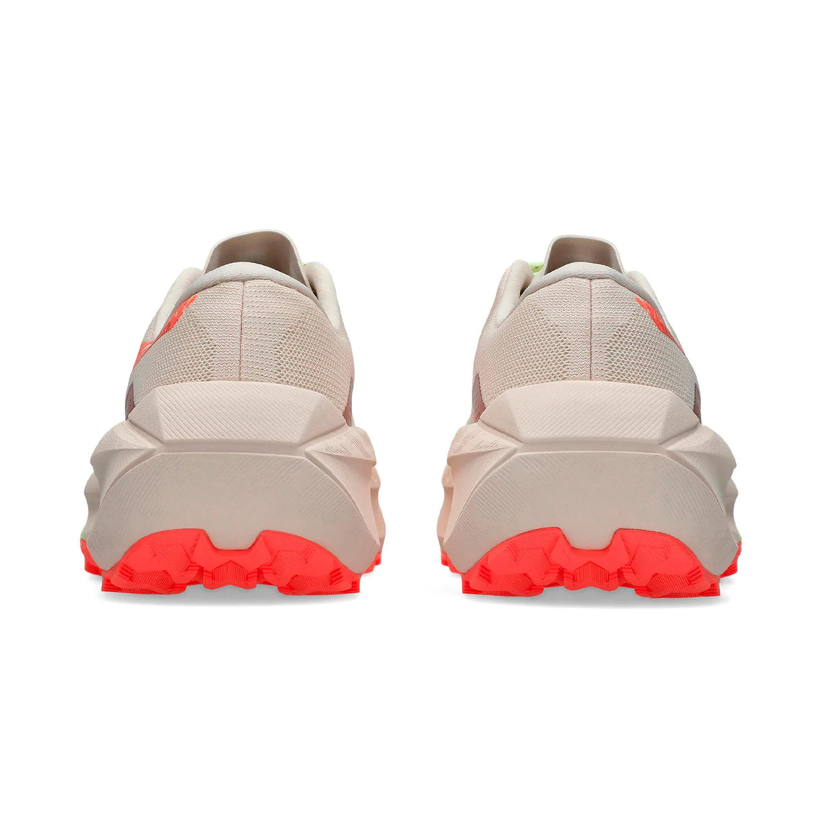 Women's ASICS Trabuco Max 5 Trail Running Shoes Rose Dust Sun Coral heel view showing FF BLAST PLUS cushioning stack with GUIDESOLE curved design for efficient impact absorption on technical terrain