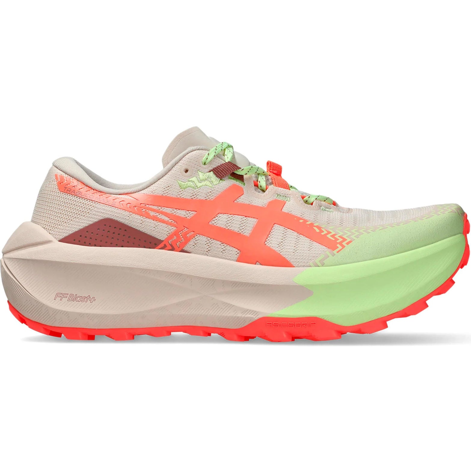 Women's ASICS Trabuco Max 5 Trail Running Shoes Rose Dust Sun Coral outer side view showing FF BLAST PLUS cushioning with ASICSGRIP outsole for maximum protection on technical trail terrain