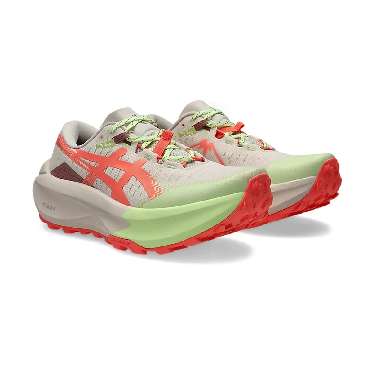 Women's ASICS Trabuco Max 5 Trail Running Shoes Rose Dust Sun Coral angled side view of pair showing FF BLAST PLUS maximum cushioned platform with ASICSGRIP outsole and water-repellent upper for protected comfortable trail running