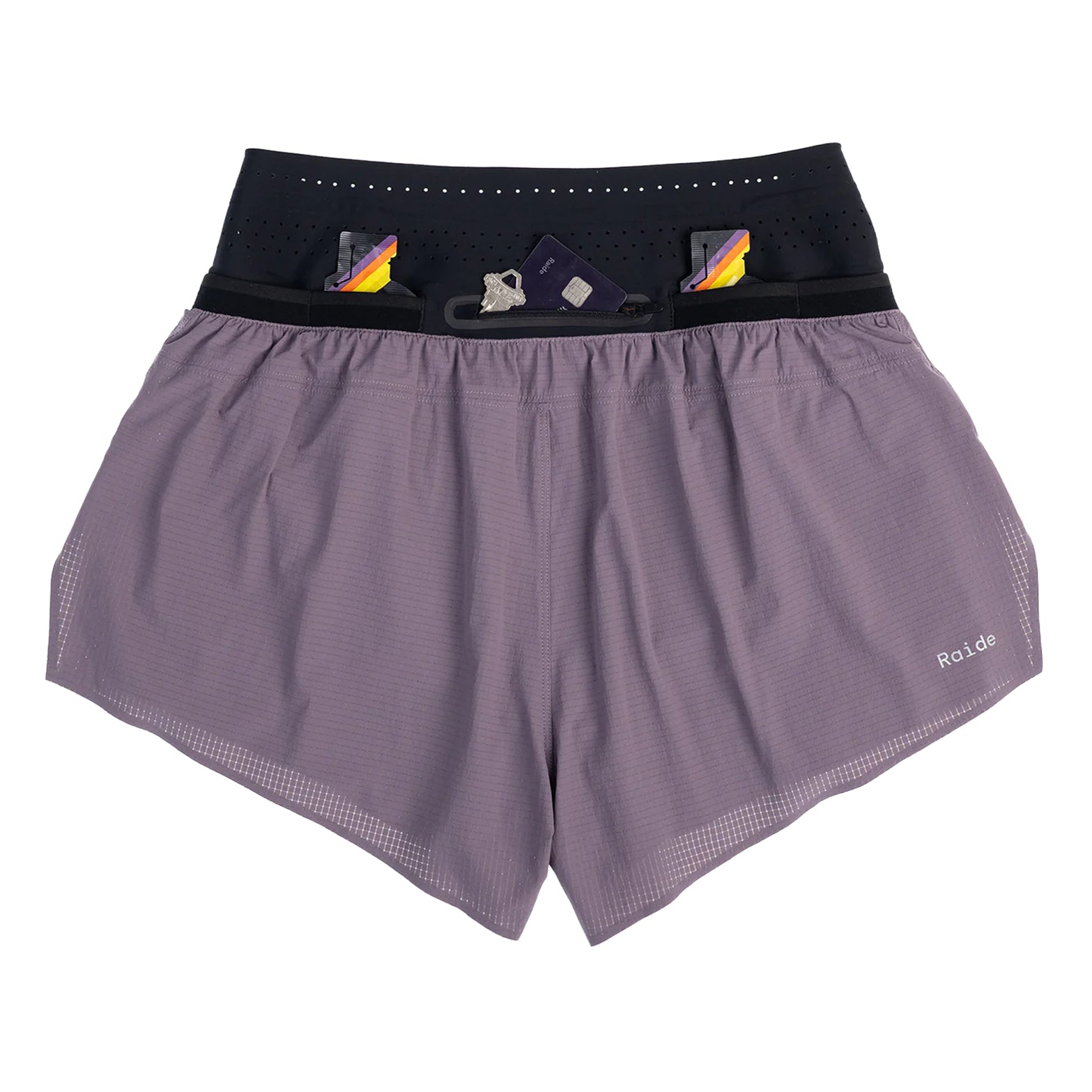 Raide TrailTech Short women's in Dusk — back product shot showing large rear pocket placement, zippered pocket detail and Toray DotAir outer construction