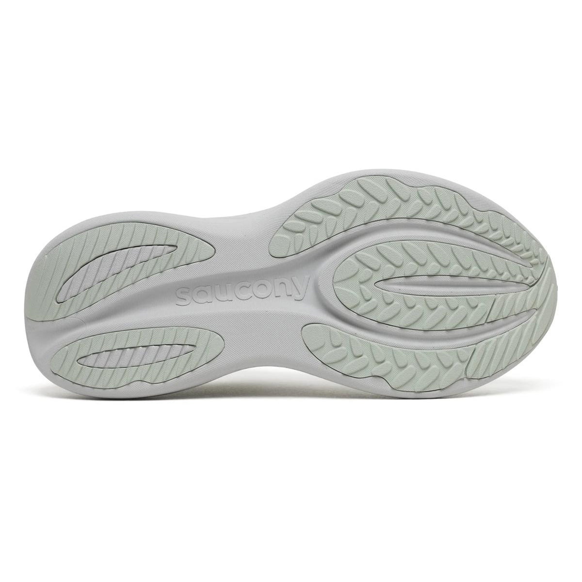 The image shows the light gray sole of a Women’s Triumph 24 Running Shoes Cast by Saucony, featuring a textured pattern for grip and the saucony brand name embossed in the center. This model incorporates incrediLUX foam for premium cushioning, delivering exceptional comfort with every step.