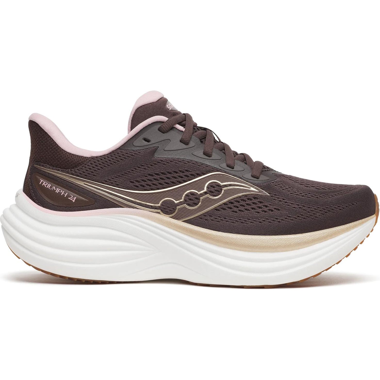 Women's Saucony Triumph 24 Running Shoes Torte Touch outer side view showing all-new incrediLUX foam with thick cushioning stack and XT-900 carbon rubber outsole for high-mileage daily running