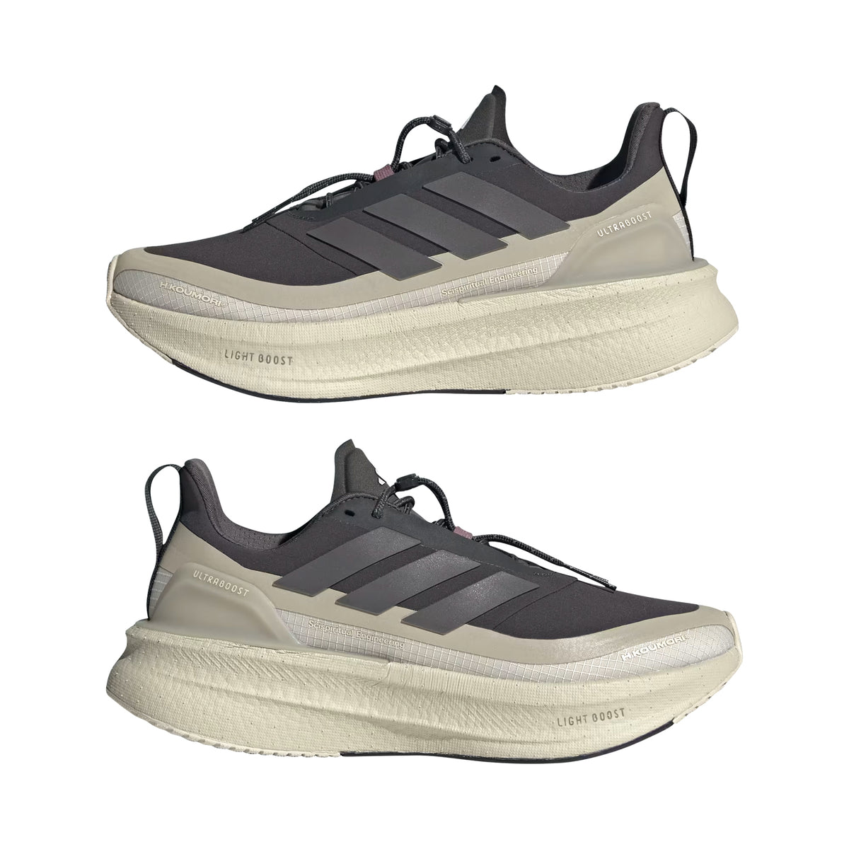 Women's adidas Ultraboost 5 H.Koumori Running Shoes Carbon Grey Five Alumina pair showing outer and inner side views displaying Light BOOST midsole and Hermanos Koumori design details