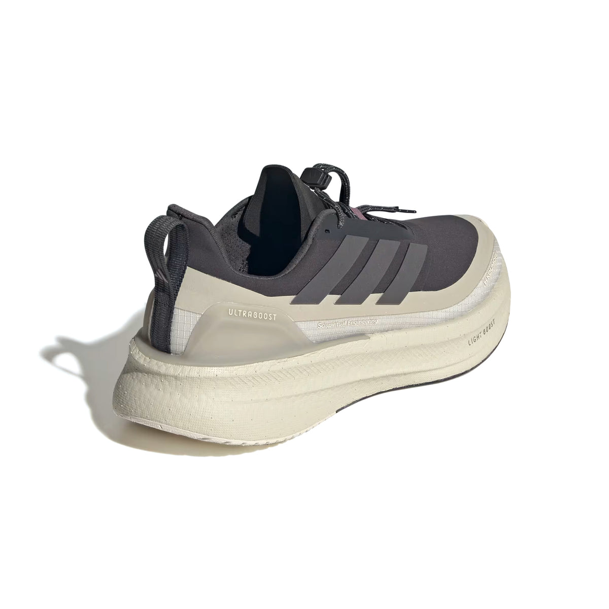 Women's adidas Ultraboost 5 H.Koumori Running Shoes Carbon Grey Five Alumina angled heel view showing Light BOOST energy return cushioning and heel construction