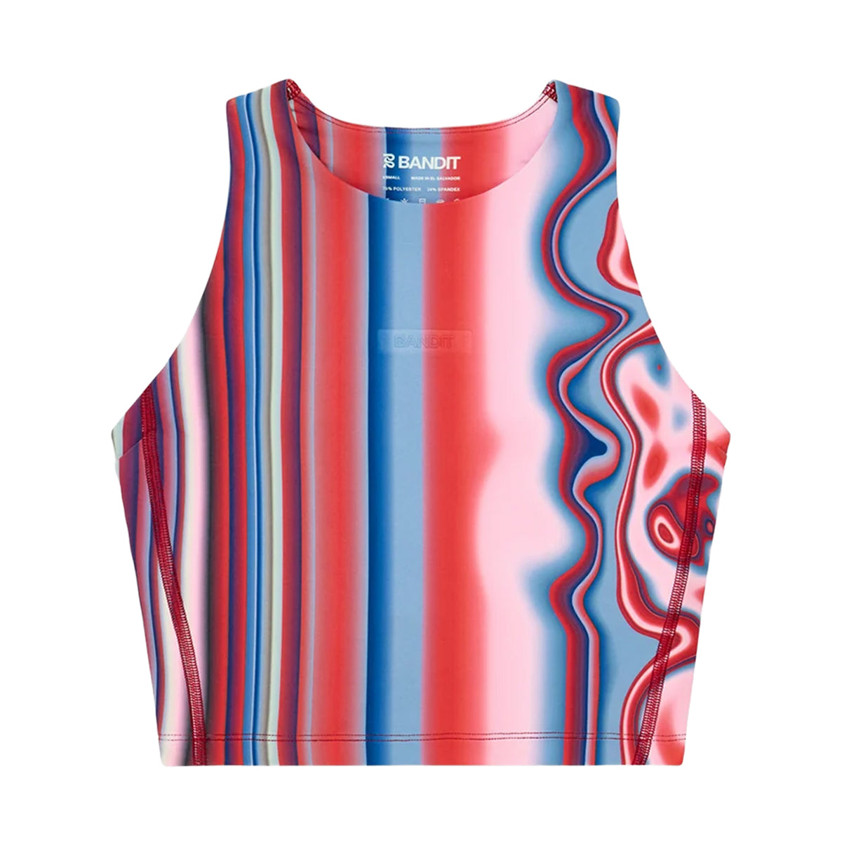 Bandit Women’s Vanisher Race Crop Melted Stripe Gradient high-neck, sweat-hiding compression race crop top featuring a multicolored vertical stripe and marbled gradient pattern in shades of blue, red, and pink.