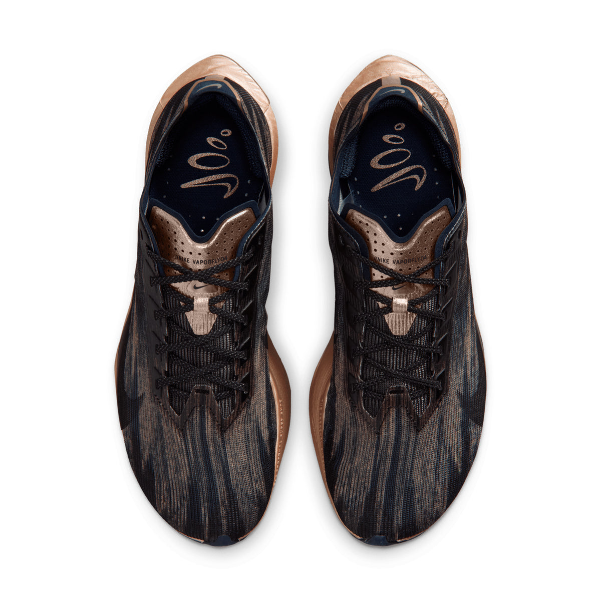 Women's Nike Vaporfly 4 Keely Hodgkinson Running Shoes Pencil Point Blue Eclipse Blur Black top view showing Keely-only engineered mesh upper with shimmering black details and gold colourway for Keely Hodgkinson edition