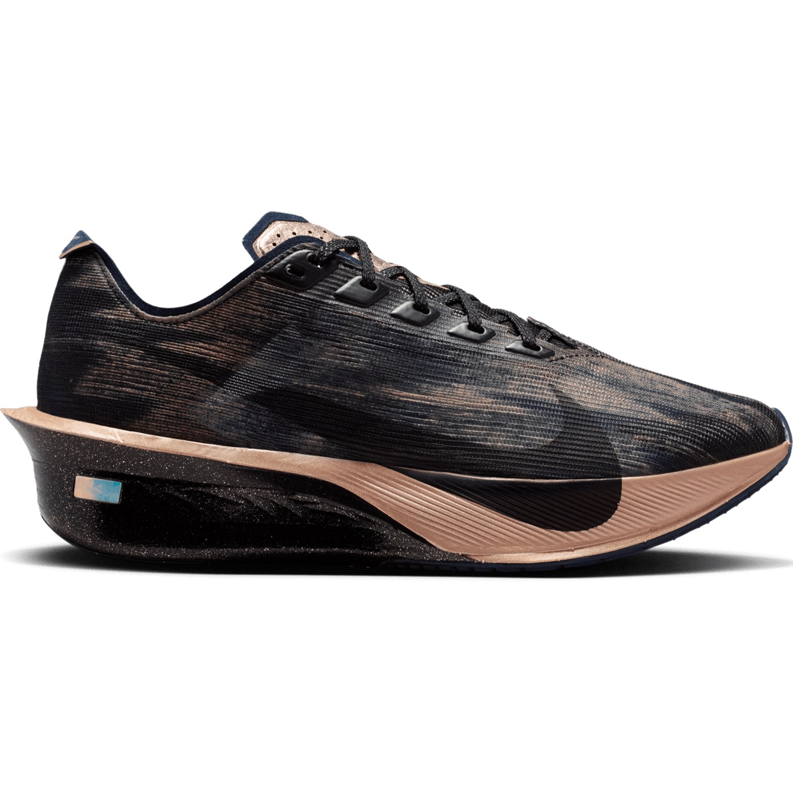 Women's Nike Vaporfly 4 Keely Hodgkinson Running Shoes Pencil Point Blue Eclipse Blur Black outer side view showing full-length carbon fibre Flyplate with optimised ZoomX foam and Keely-only print for elite marathon racing