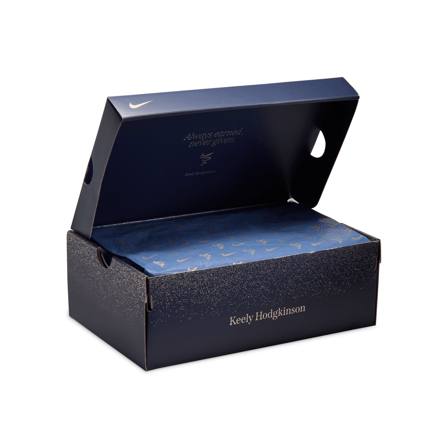 Women's Nike Vaporfly 4 Keely Hodgkinson Running Shoes Pencil Point Blue Eclipse Blur Black shown in special Keely Hodgkinson edition packaging celebrating record-smashing 800m powerhouse and her gold medal-chasing drive