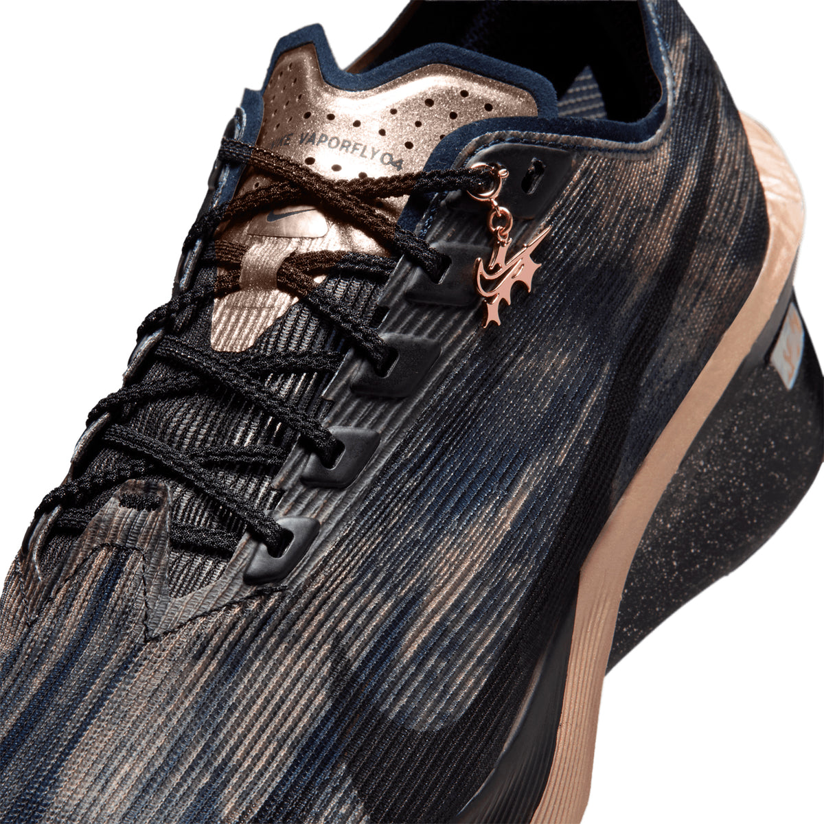 Women's Nike Vaporfly 4 Keely Hodgkinson Running Shoes Pencil Point Blue Eclipse Blur Black showing detachable gold charm for custom styling inspired by Keely Hodgkinson's medal-chasing drive