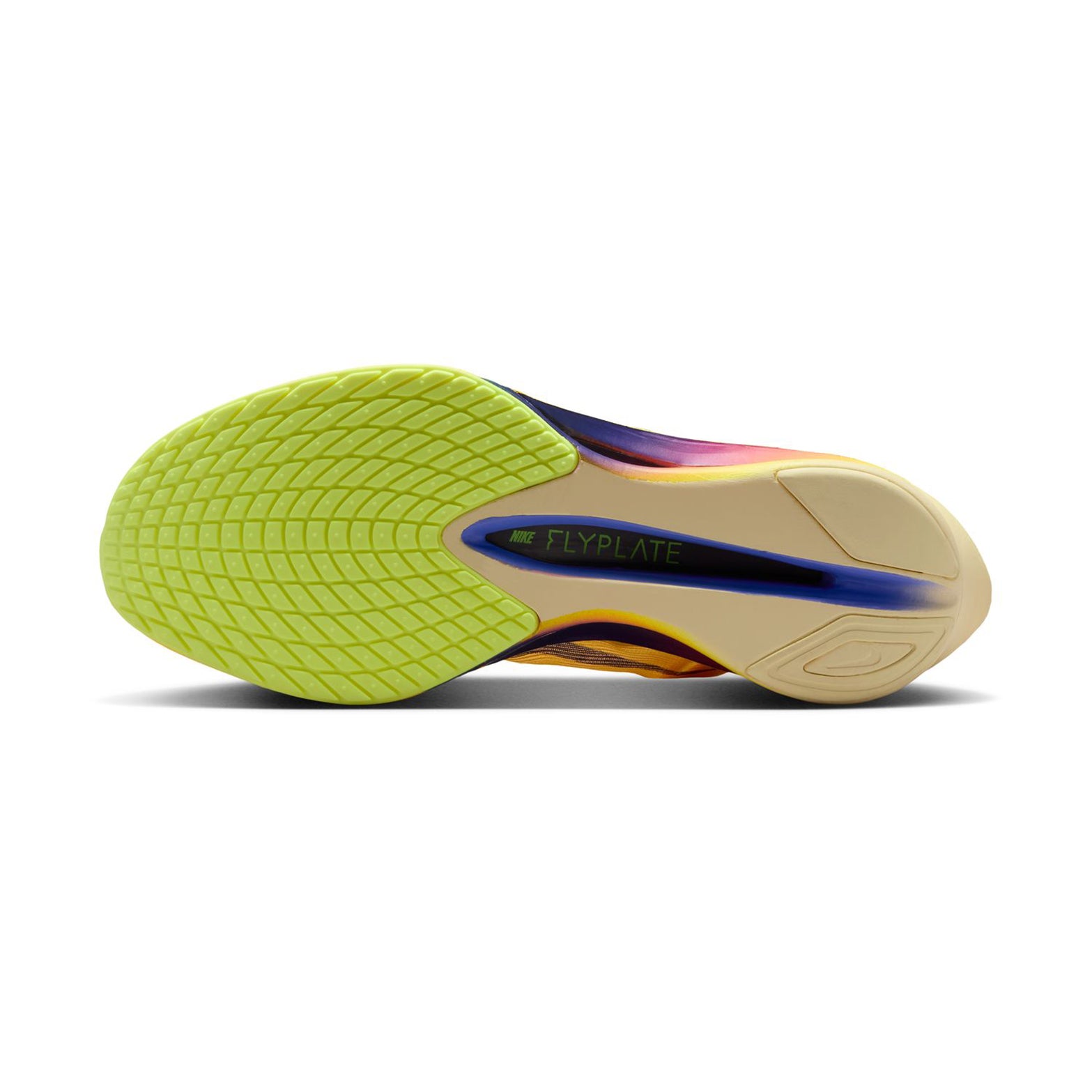 Women's Vaporfly 4 Running Shoes Citron Pulse Laser Orange Volt Ice Indigo Burst sole view displaying thinner rubber outsole