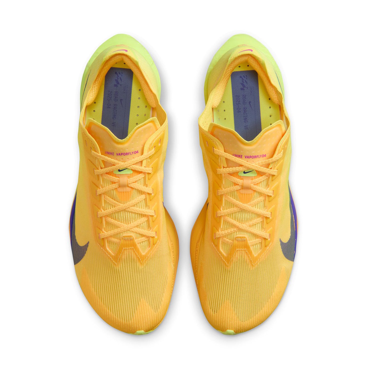 Women's Vaporfly 4 Running Shoes Citron Pulse Laser Orange Volt Ice Indigo Burst pair top view showing engineered mesh uppe