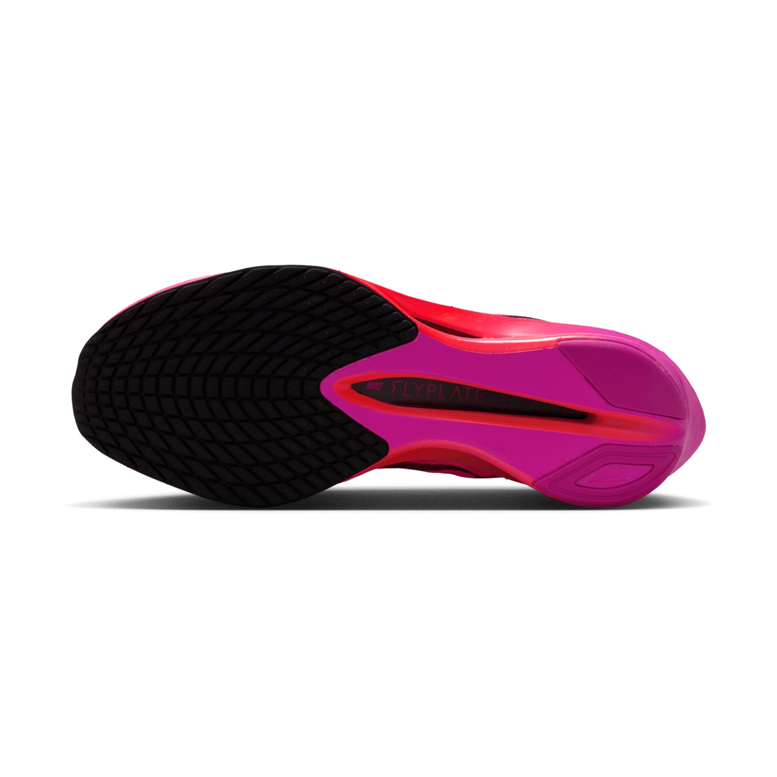 Bottom view of the Nike Women’s Vaporfly 4 Running Shoes in Hyper Pink, Black, and Fuchsia Blast, showing a black textured sole and striking red and pink midsole; a carbon fiber plate with FLYPLATE branding is visible at the center.