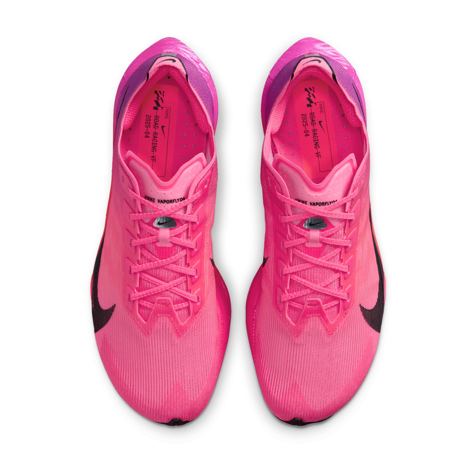 A pair of Nike Women’s Vaporfly 4 Running Shoes in Hyper Pink, Black, and Fuchsia Blast is shown from above on a white background. The shoes feature a black Nike swoosh, white laces, a mesh-textured upper, and are equipped with a carbon fibre plate for enhanced performance.