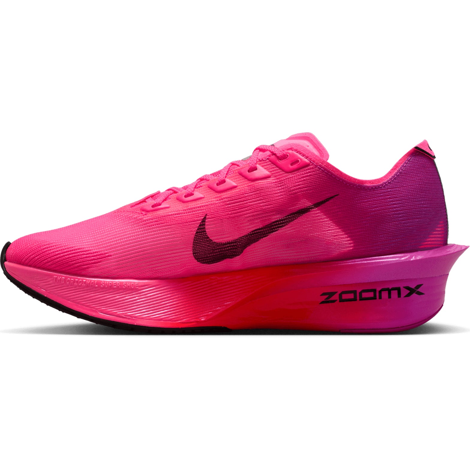 The women’s Nike Vaporfly 4 running shoe in Hyper Pink, Black, and Fuchsia Blast is shown from the side against a white background. It features a bright pink upper with a black Swoosh logo, “ZOOMX” text on the sole, and incorporates a responsive carbon fiber plate.