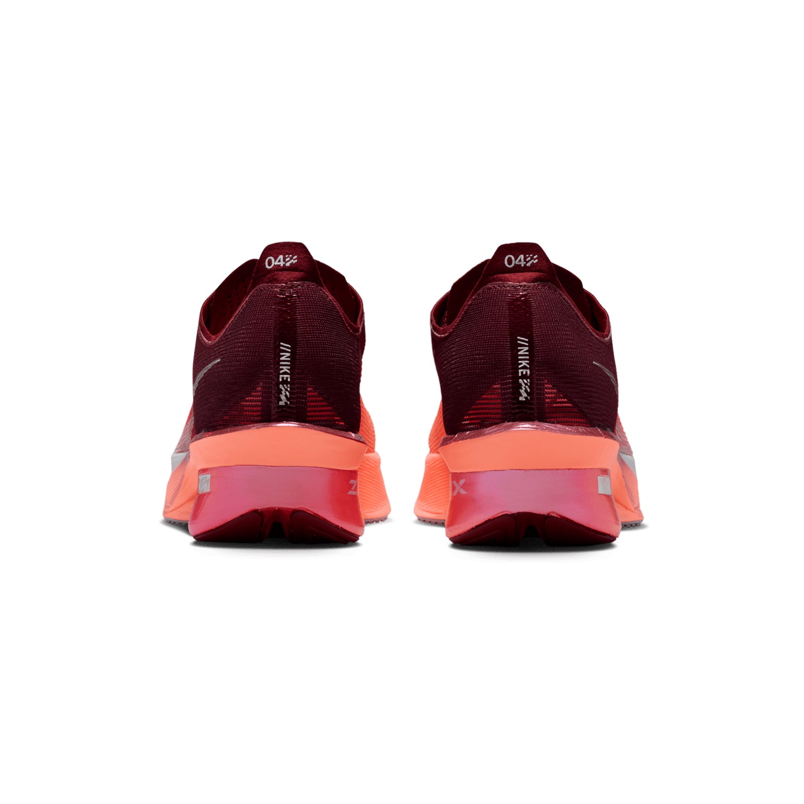 Women's Nike Vaporfly 4 SE Running Shoes Team Red Bright Crimson Barely Green heel view showing ZoomX foam stack with full-length carbon fibre plate for marathon racing performance