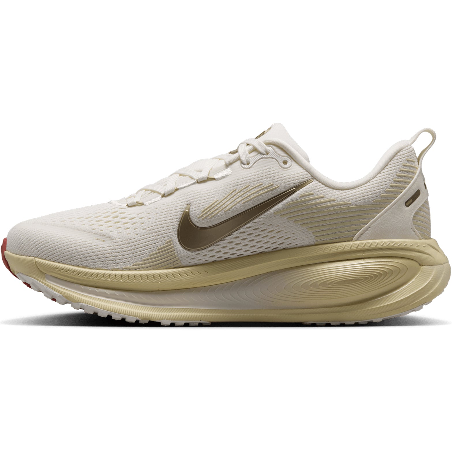 Women's Nike Vomero 18 Running Shoes Sail Metallic Gold Grain Light Khaki Filbert inner side view showing cushioned platform with responsive foam for comfortable everyday training