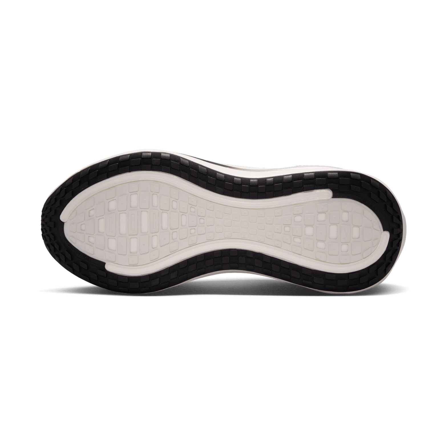 Women's Nike Vomero Plus ESS Running Shoes Summit White Sail Anthracite Metallic Silver sole view displaying high-abrasion rubber outsole for dependable traction and durability during everyday road running