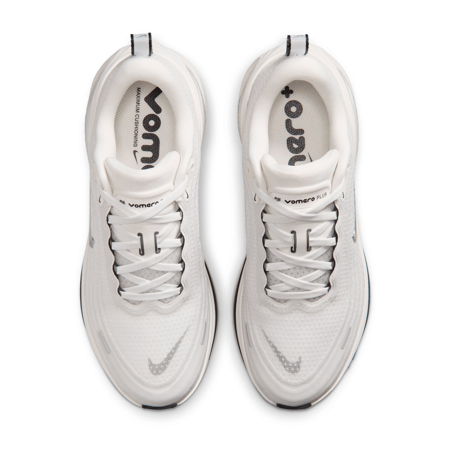 Women's Nike Vomero Plus ESS Running Shoes Summit White Sail Anthracite Metallic Silver top view showing soft breathable engineered mesh upper with webbed lace loops for lightweight comfortable daily running