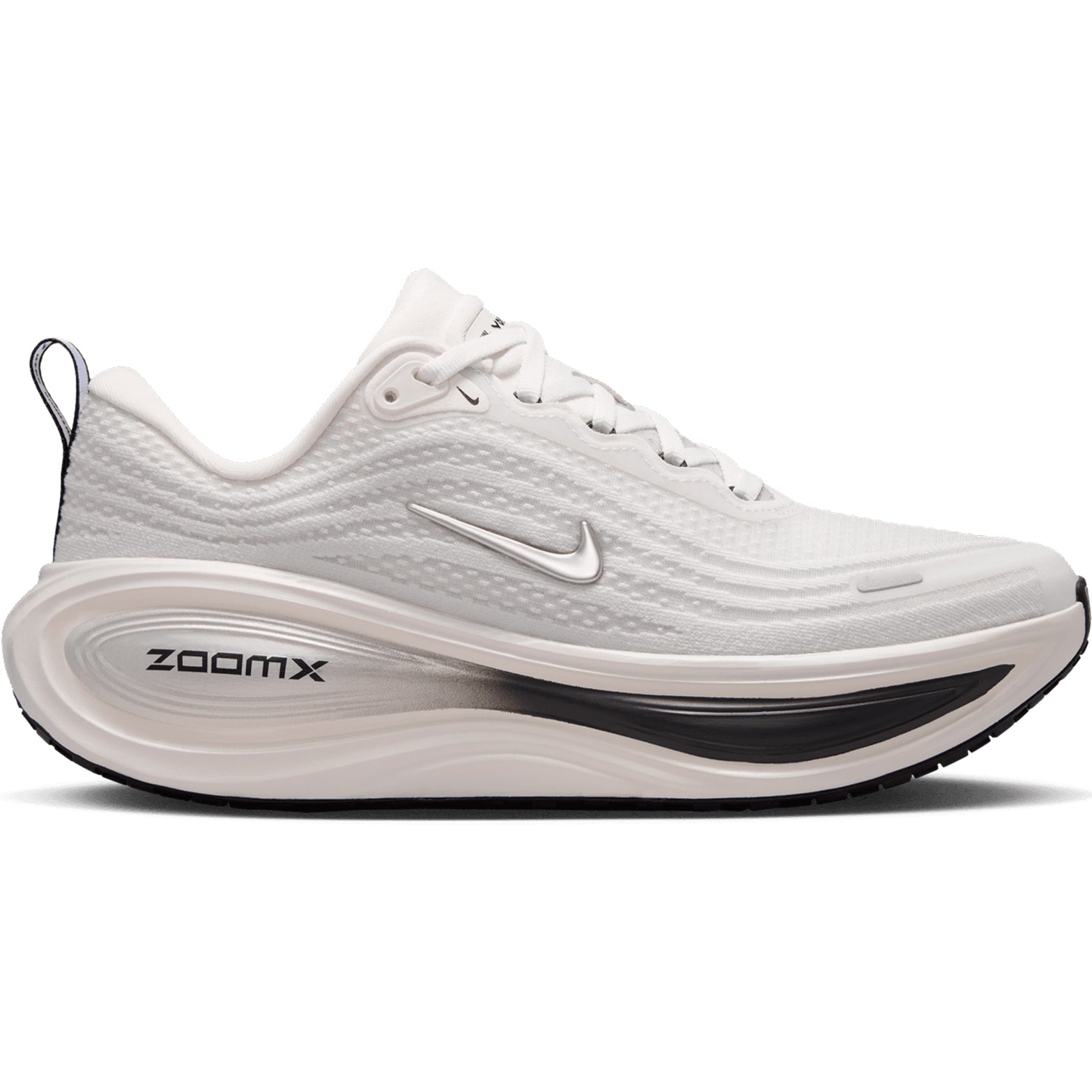 Women's Nike Vomero Plus ESS Running Shoes Summit White Sail Anthracite Metallic Silver outer side view showing full-length ZoomX foam midsole with high-abrasion rubber outsole for maximum cushioned daily running