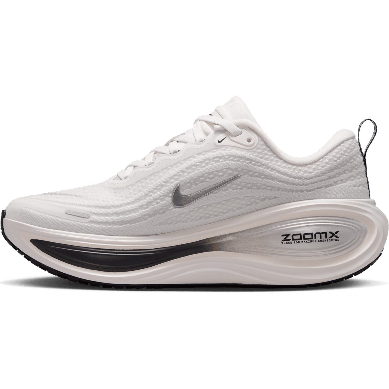Women's Nike Vomero Plus ESS Running Shoes Summit White Sail Anthracite Metallic Silver inner side view showing full-length ZoomX foam with plush tongue and webbed lace loops for comfortable secure everyday training