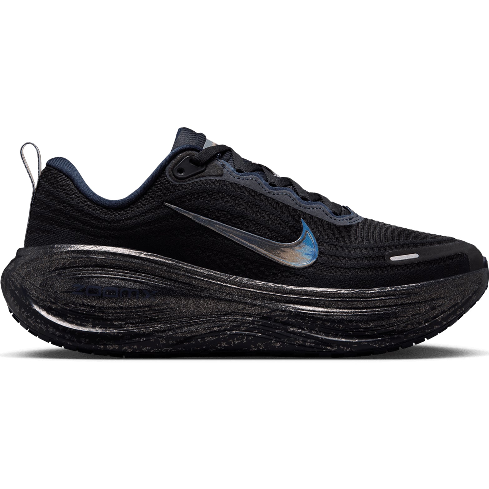 Women's Nike Vomero Plus Keely Hodgkinson Running Shoes Pitch Blue Blur Blackened Blue Black outer side view showing full-length ZoomX foam midsole with high-abrasion rubber outsole and Keely Hodgkinson edition design for maximum cushioned daily running