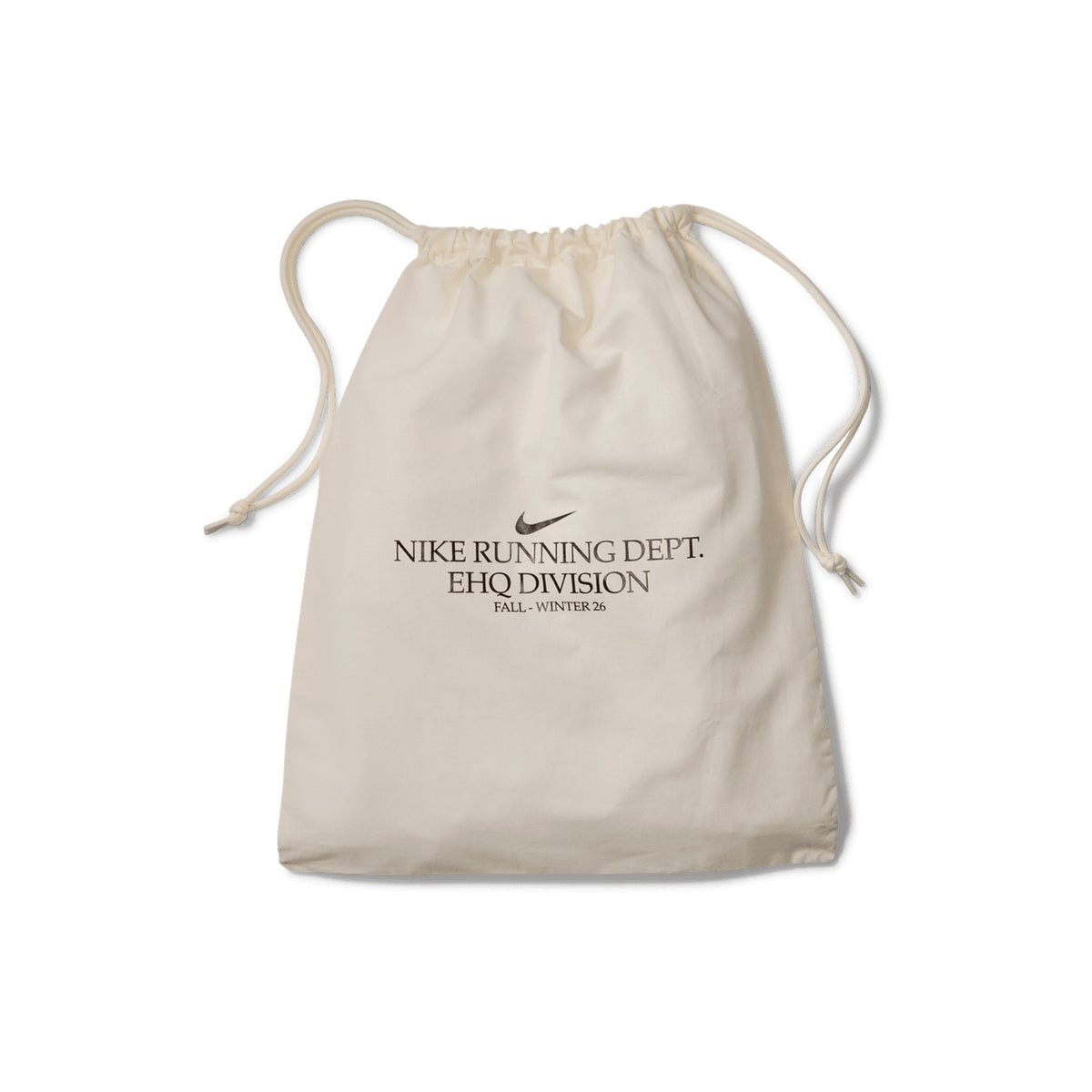 Off-white cotton drawstring bag printed with NIKE RUNNING DEPT. EHQ DIVISION FALL - WINTER 26, designed to accompany Women’s Vomero Plus Running Shoes Matte Olive / Black / Desert Khaki with maximal cushioning.
