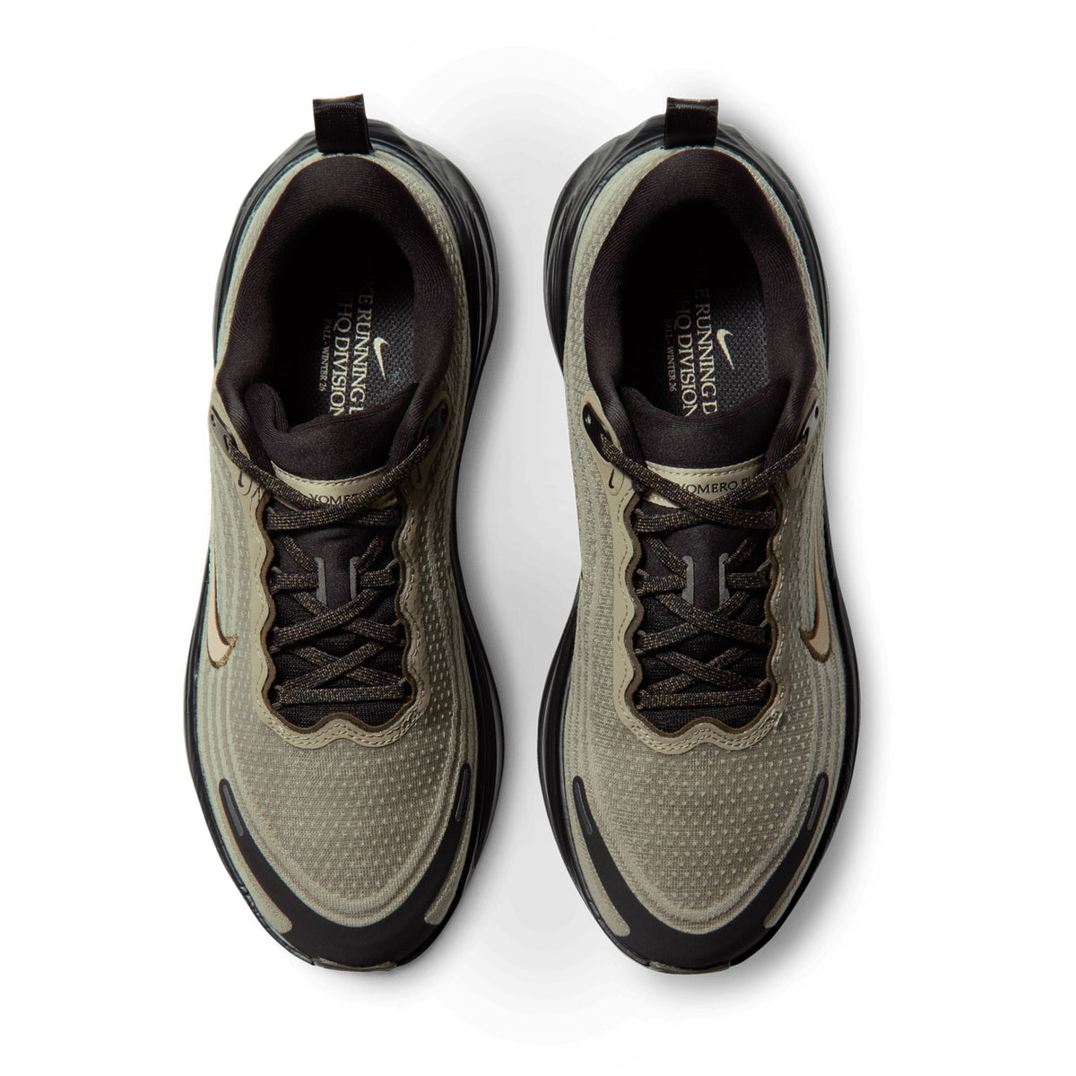 Top-down view of Women’s Vomero Plus Running Shoes Matte Olive / Black / Desert Khaki with dark laces and textured uppers featuring maximal cushioning.