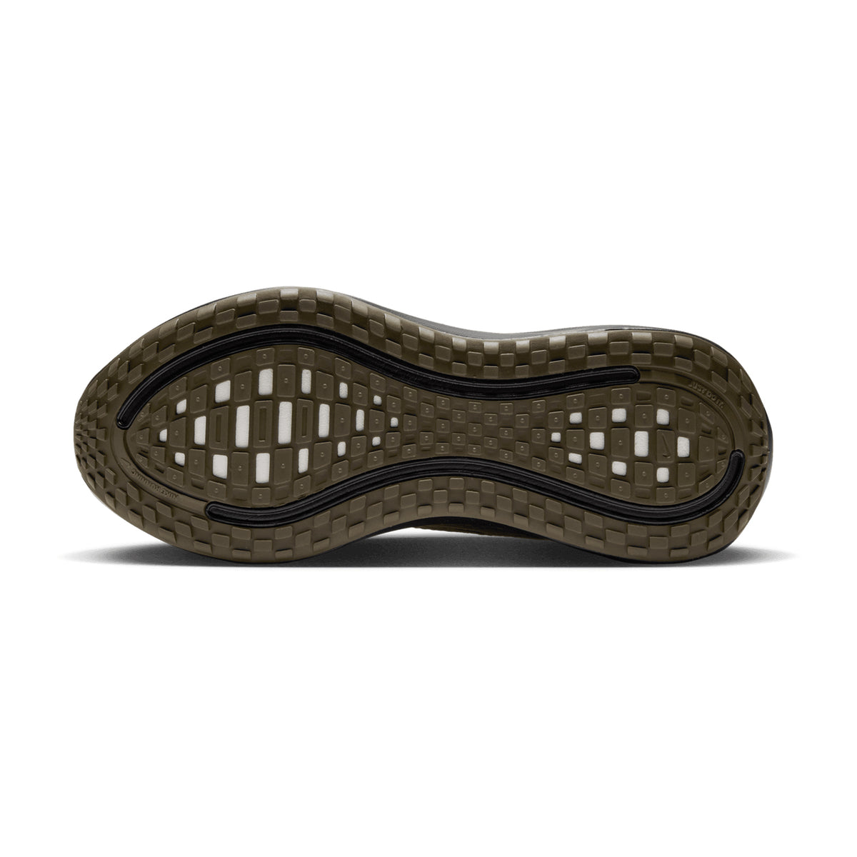 Olive green Women’s Vomero Plus Running Shoes Matte Olive / Black / Desert Khaki outsole featuring a black grid pattern, white accents, and maximal cushioning.