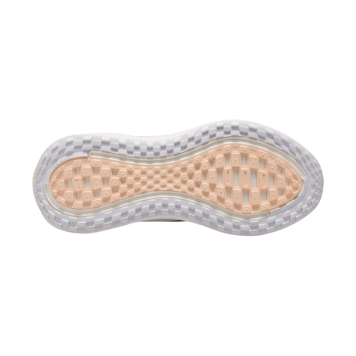 Bottom view of the Women’s Vomero Plus Running Shoes White / Purple Dynasty, featuring a white tread border and a peach-colored, grid-patterned ZoomX cushioning center sole.