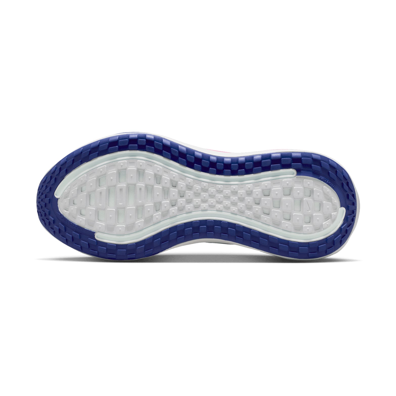 Nike Vomero Plus SE women's running shoe in White / Concord / Hyper Pink / Metallic Silver — outsole view showing high-abrasion rubber tread pattern in key wear zones and white full-length ZoomX foam midsole stack