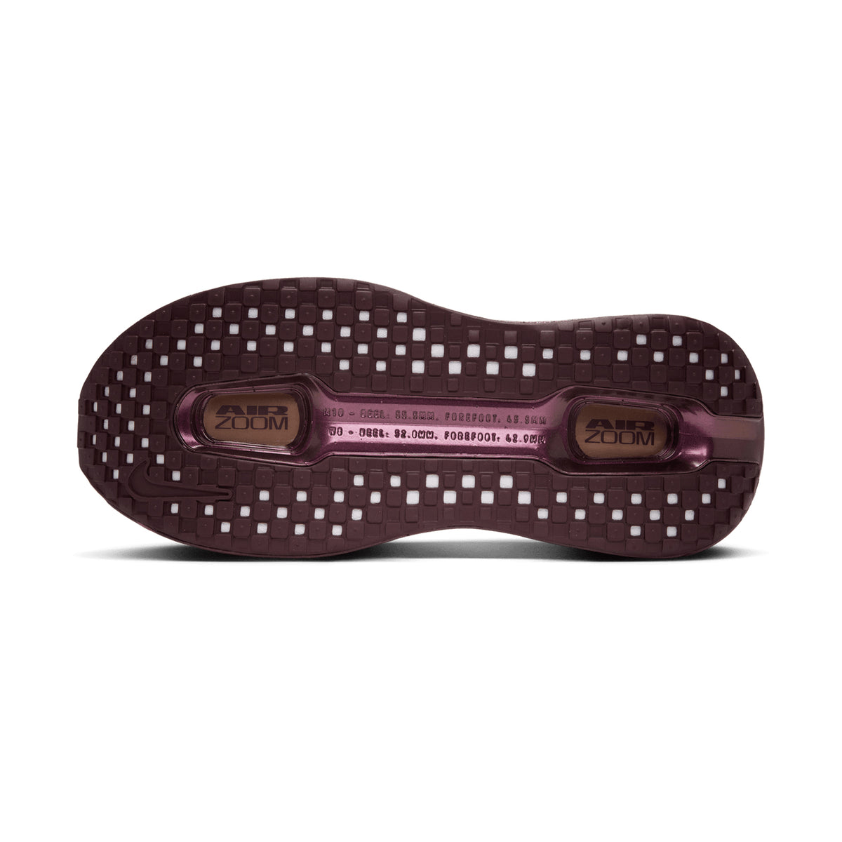 Dark maroon Women’s Vomero Premium GG Running Shoes Pink Smoke / Mystic Dates outsole featuring a grid-patterned tread and technical specifications molded into the central arch.