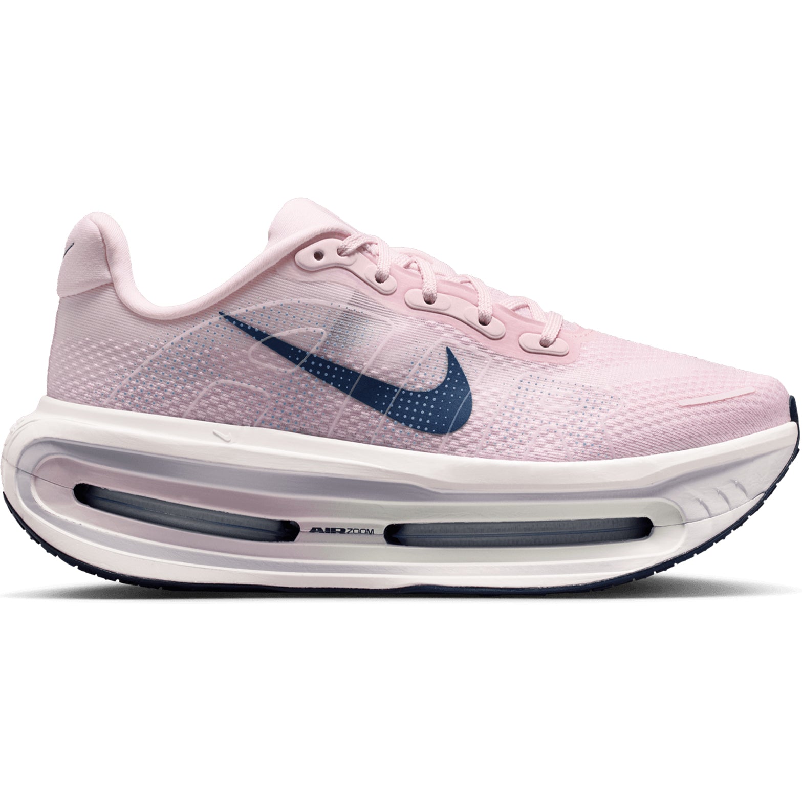 Women's Nike Vomero Premium Running Shoes Pearl Pink White outer side view showing dual Air Zoom units with full-length ZoomX foam midsole and premium construction
