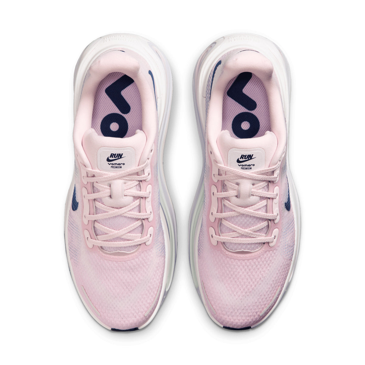 Women's Nike Vomero Premium Running Shoes Pearl Pink White top view showing premium upper construction with breathable materials for everyday training