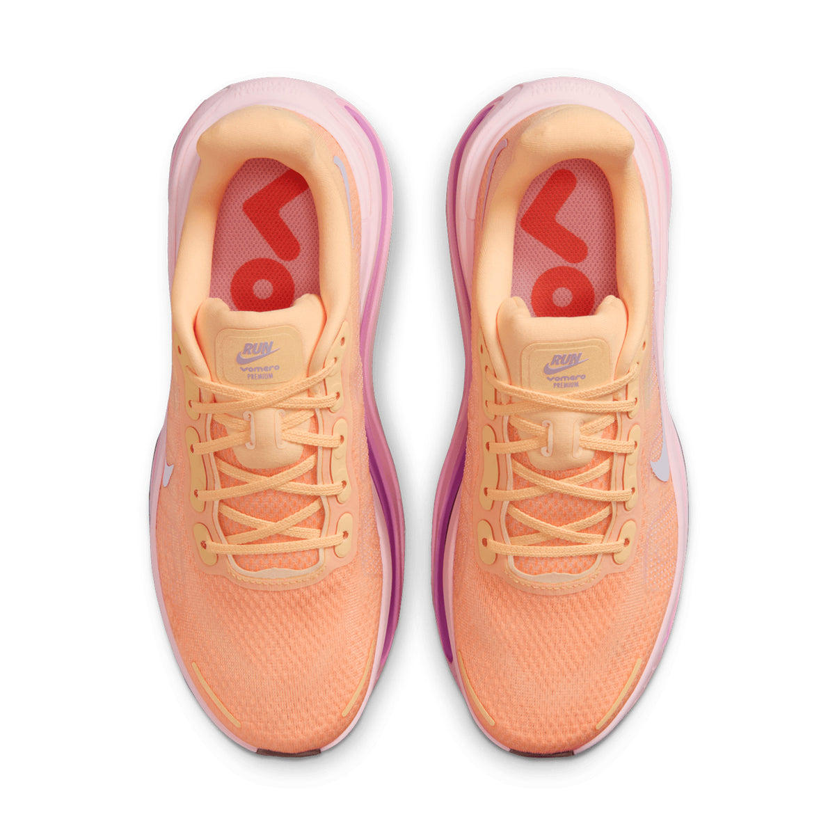 Women's Nike Vomero Premium Running Shoes Orange Pink top view showing lightweight engineered mesh upper with breathable construction for daily running