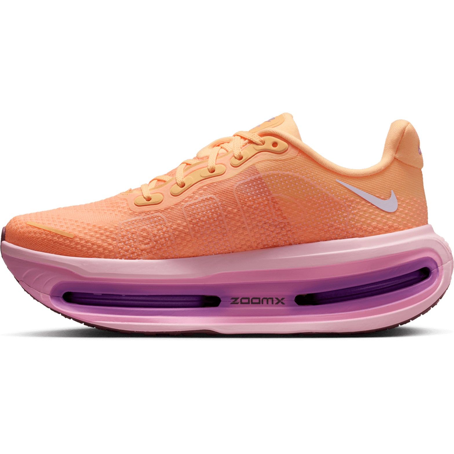 Women's Nike Vomero Premium Running Shoes Orange Pink inner side view showing ZoomX foam construction, Air Zoom heel and forefoot units for enhanced energy return