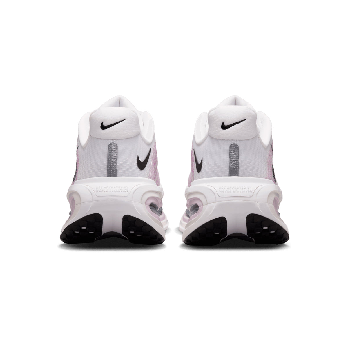 Women's Nike Vomero Premium Running Shoes White Summit White Bleached Lilac Black heel view showing heel Air Zoom unit with full-length ZoomX foam for cushioned impact protection during landing