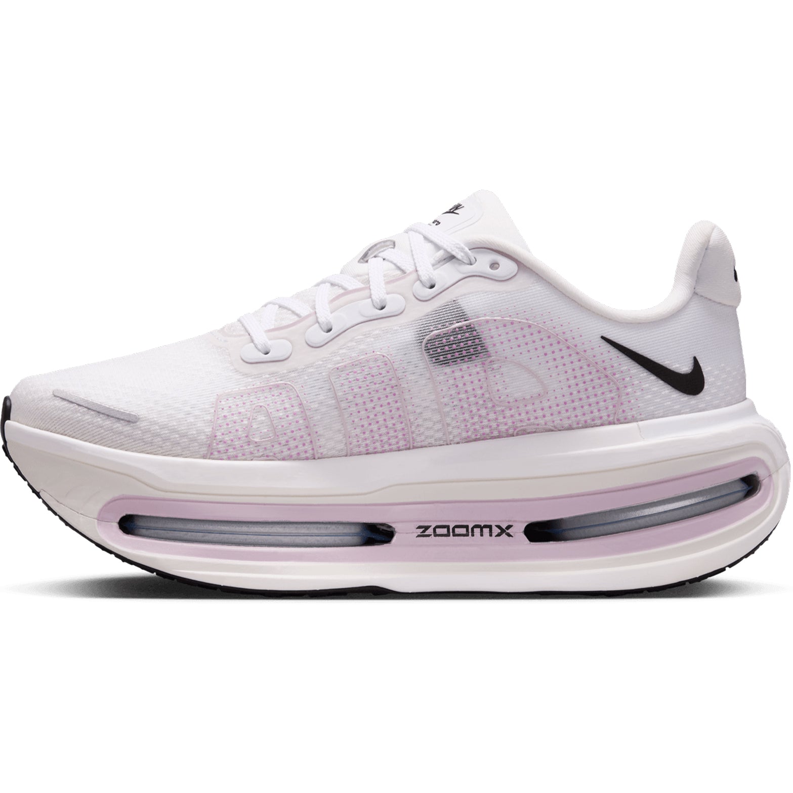 Women's Nike Vomero Premium Running Shoes White Summit White Bleached Lilac Black inner side view showing ZoomX foam platform with forefoot and heel Air Zoom units for responsive impact protection