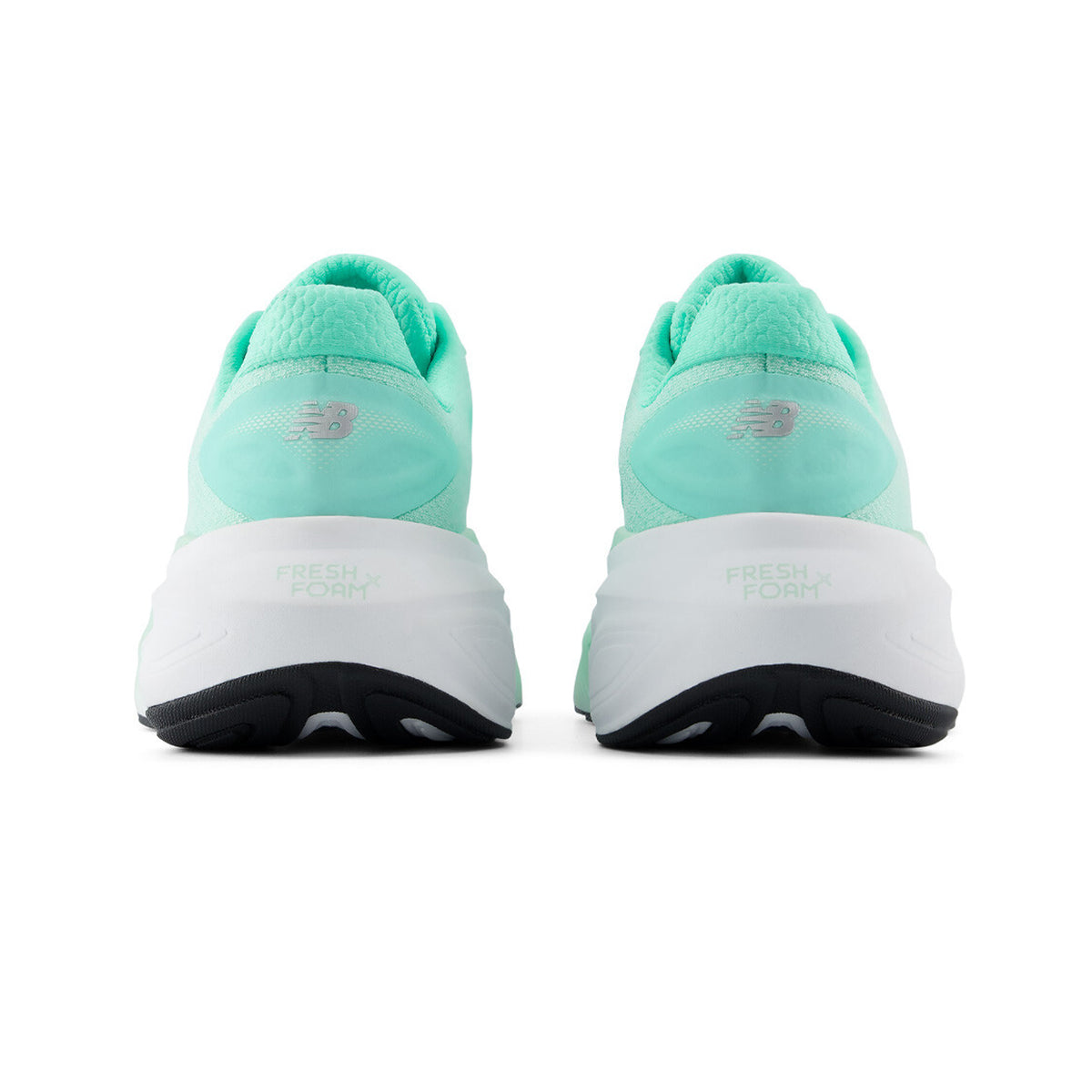 Women's New Balance Fresh Foam X More v6 Running Shoes Bright Mint Cosmic Jade heel view showing 44mm Fresh Foam X stack with high sidewalls and wide base for maximum cushioned stable recovery running