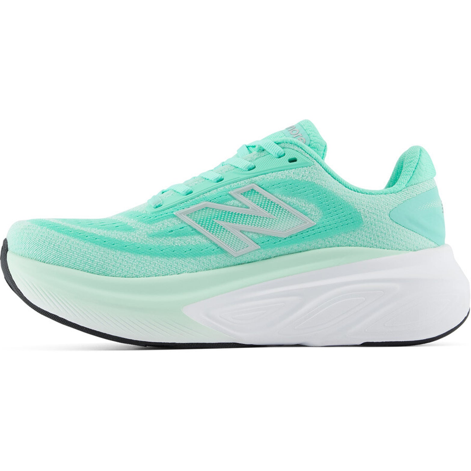 Women's New Balance Fresh Foam X More v6 Running Shoes Bright Mint Cosmic Jade inner side view showing 44mm heel Fresh Foam X midsole with high sidewalls for stable plush recovery running