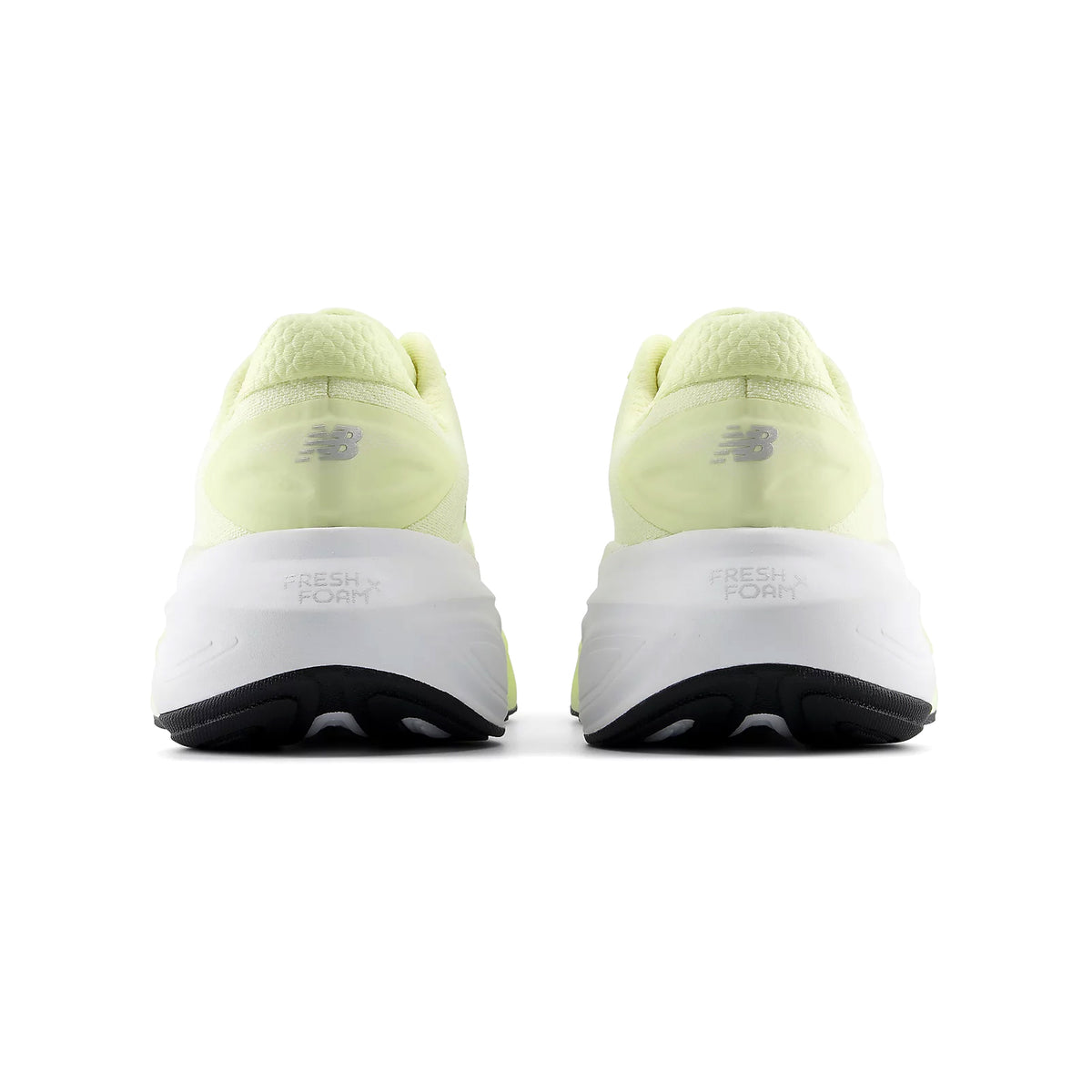 Women's New Balance Fresh Foam X More v6 Running Shoes Fennel Seed Angora heel view showing 44mm Fresh Foam X stack with high sidewalls and wide base for maximum cushioned stable recovery running