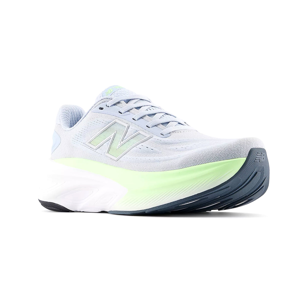 Women's Fresh Foam X More v6 Oxford Blue Afterglow angled side view showing Fresh Foam X cushioning and upper construction
