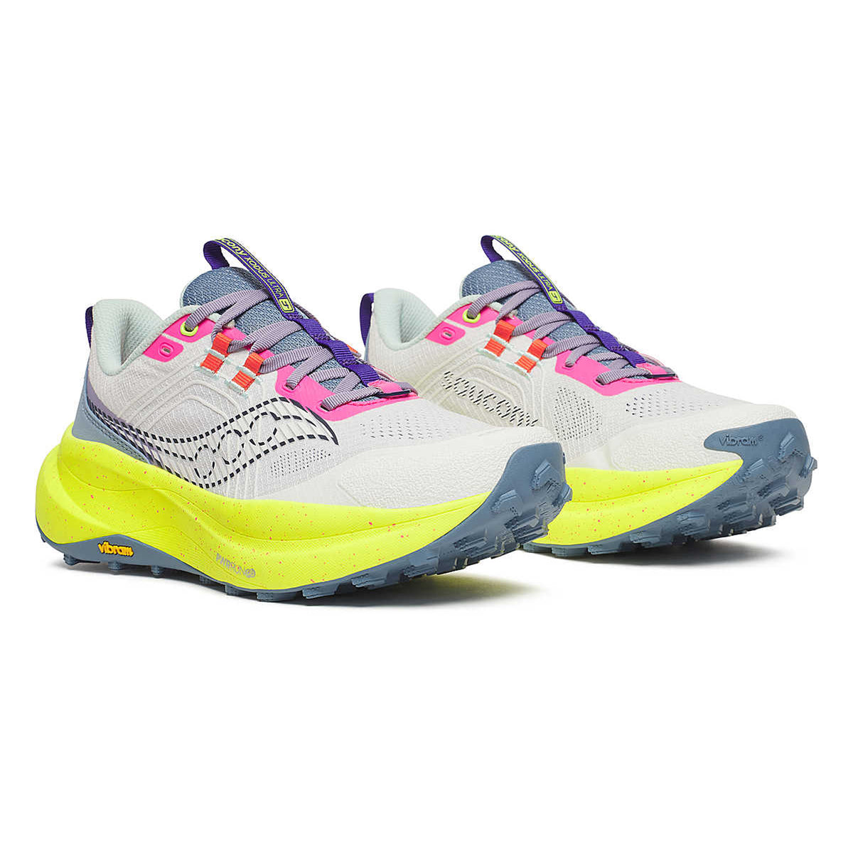Pair of athletic running shoes with white mesh uppers, pink and orange accents, gray laces, and a bright yellow midsole. Outsoles are blue with visible Vibram branding. Shoes are positioned side by side, facing right.